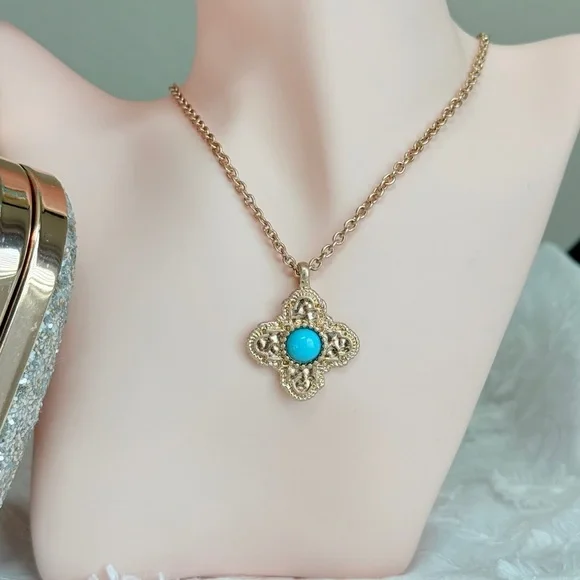 Gold and Turquoise Pendant Necklace - Picture 6 of 8